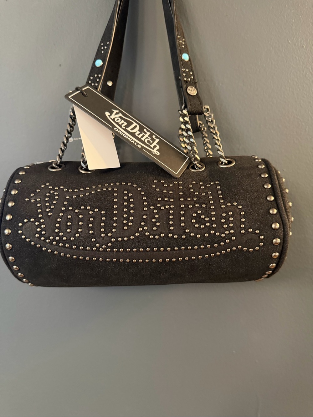 Von Dutch Black Studded Barrel Shoulder Bag